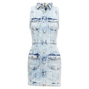 Balmain Distressed Denim Silver Buttons 4 Pocket Fitted Dress